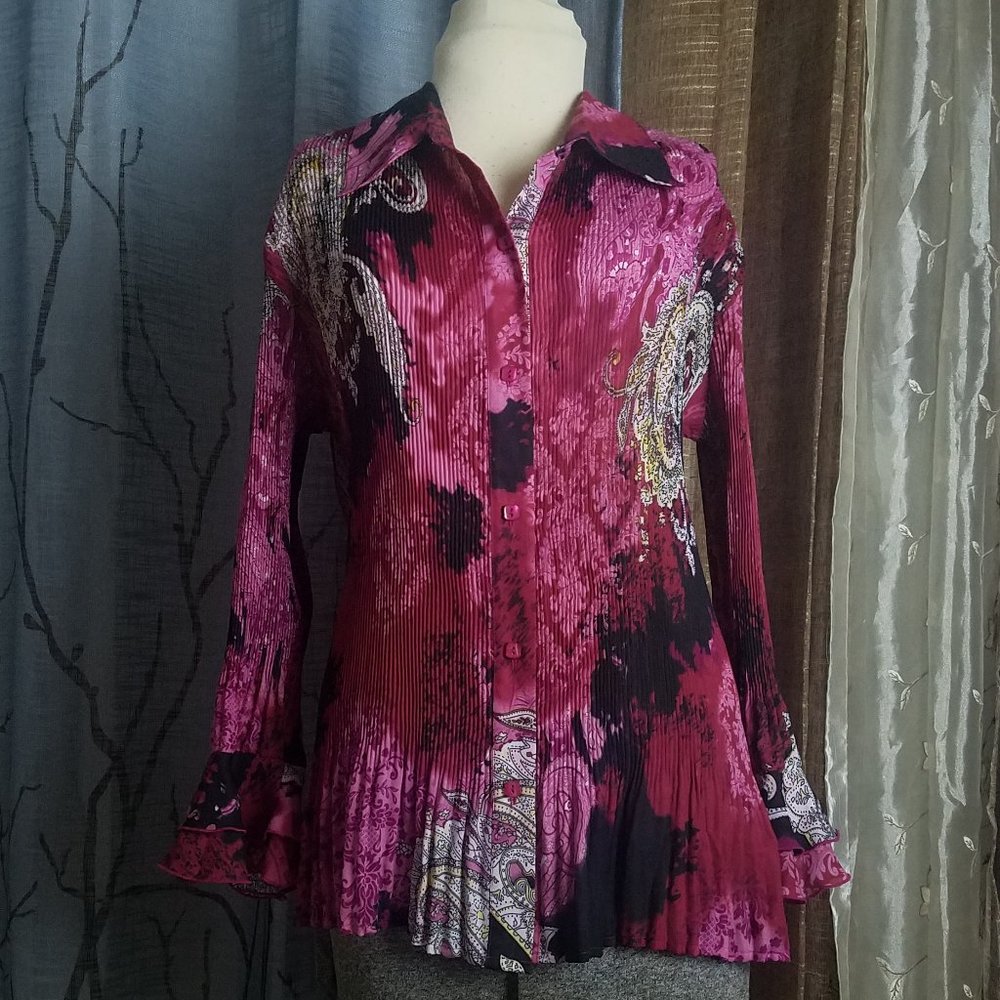 Cato Ruffle Button Down Crinkle Blouse Bell Sleeve